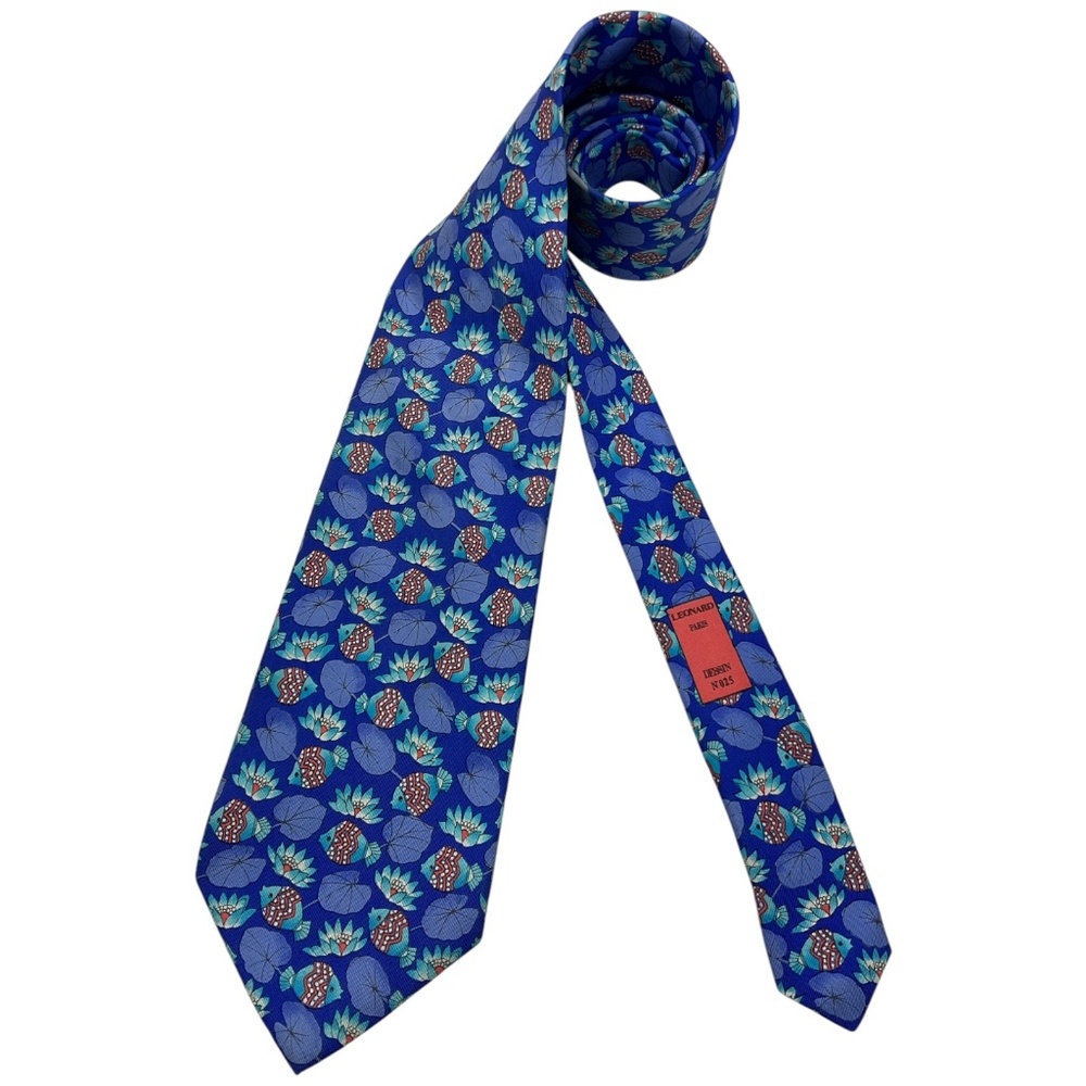 LEONARD Blue Fish Floral Leaf Silk LUXURY Tie ITALY